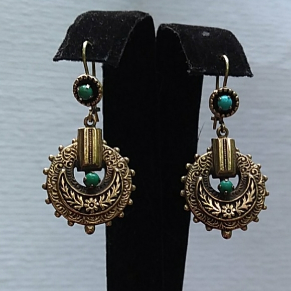 c.1800s VICTORIAN 14K Gold Turquoise Drop Earrings ANTIQUE - Picture 9 of 12